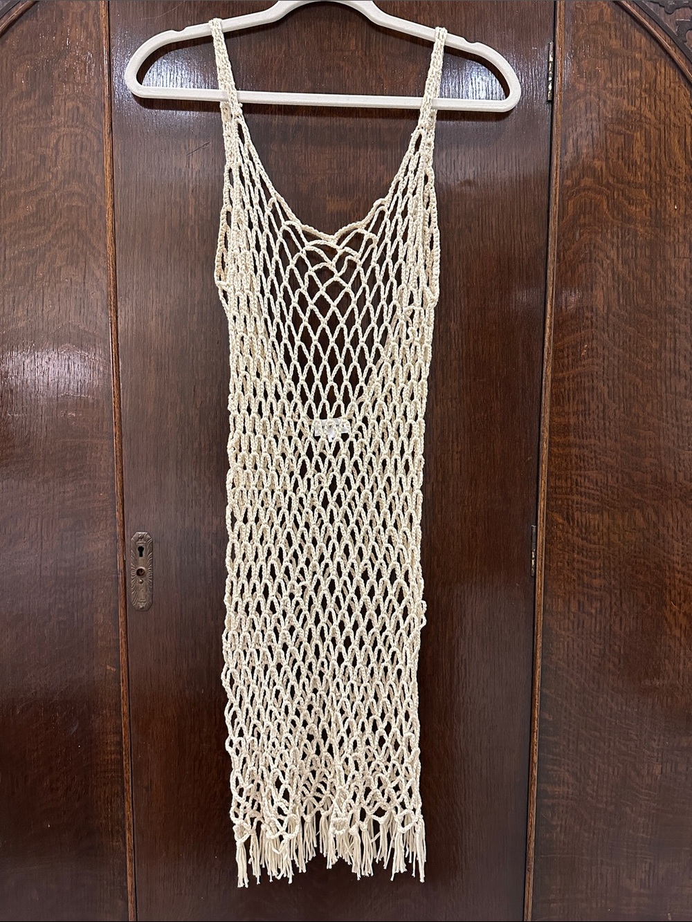 superdown Cream Open-Knit Crochet Beach Cover-Up with Fringe